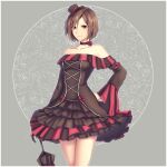  1girl bare_shoulders black_choker black_dress borrowed_design breasts choker collarbone commentary_request cowboy_shot dress flower frilled_dress frills hair_over_one_eye hand_on_own_hip hat highres meiko_(vocaloid) mini_hat off-shoulder_dress off_shoulder red_flower red_rose rose small_breasts solo tilted_headwear umbrella vocaloid wide_sleeves yen-mi 