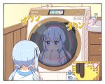  1girl blue_eyes blue_hair blush closed_mouth commentary_request cup detergent gochuumon_wa_usagi_desu_ka? hair_between_eyes hair_ornament hugging_own_legs kafuu_chino laundry_basket light_blue_hair mohei panties pink_panties reflection shirt sink sitting solo toothbrush translation_request twintails underwear washing_machine white_shirt x_hair_ornament 