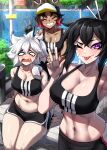  3girls ;p ^_^ absurdres bare_arms bare_shoulders black_hair black_shorts blush breasts cleavage closed_eyes commentary crop_top d: dark_skin english_commentary fang gradient_hair grin hair_between_eyes hand_up highres large_breasts medium_support_(meme) melissa_(rageman709) meme midriff multicolored_hair multiple_girls navel one_eye_closed open_mouth original purple_eyes rageman709 red_hair sheo_(rageman709) short_hair short_shorts shorts sitting smile sports_bra stomach thighs tongue tongue_out w white_hair 