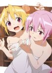  2girls blonde_hair blush collarbone double_bun grabbing grabbing_another&#039;s_breast hair_bun hide_yoshino highres hug hug_from_behind long_hair looking_at_another looking_at_viewer mm2_re multiple_girls naked_towel open_mouth pink_eyes pink_hair ponytail sengoku_otome tokugawa_ieyasu_(sengoku_otome) towel towel_around_waist white_towel yuri 