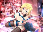  1girl :3 bass_clef black_choker blonde_hair blue_eyes blue_flower blue_rose blush breasts brown_thighhighs chain choker cleavage drum drum_set drumsticks eighth_note flower gold_chain green_eyes hair_flower hair_ornament hairstyle_request heterochromia highres instrument large_breasts leather_vest leg_tattoo looking_at_viewer musical_note official_alternate_costume official_alternate_hairstyle official_art open_mouth petals revealing_clothes rose rose_petals ryouna_(senran_kagura) senran_kagura senran_kagura_shinovi_versus short_hair showgirl_skirt smile solo tattoo thighhighs 