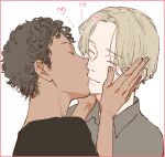  2boys blonde_hair border closed_eyes couple curly_hair dark-skinned_male dark_skin heart highres kiss male_focus multiple_boys pink_border prince_wilhelm_of_sweden simon_eriksson simple_background smile upper_body yaoi young_royals 