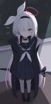  1girl a.r.o.n.a_(blue_archive) ama_(amastration55) arms_behind_back black_choker black_hairband black_jacket black_sailor_collar black_serafuku black_skirt black_socks blue_archive blush braid chalkboard choker commentary_request facing_viewer full_body green_eyes hair_over_one_eye hair_ribbon hairband halo highres holding holding_umbrella indoors jacket long_hair looking_ahead neckerchief no_shoes one_eye_covered open_clothes open_jacket open_mouth pleated_skirt ribbon sailor_collar school_uniform serafuku single_braid skirt socks solo standing sweatdrop umbrella very_long_hair white_hair white_neckerchief white_ribbon 
