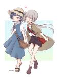  2girls arare_(kancolle) bag black_hair black_shorts blue_dress brown_coat closed_eyes coat collared_shirt dress dress_shirt flipped_hair full_body grey_hair hat kantai_collection kasumi_(kancolle) long_hair miko_(35nikomi) multiple_girls official_alternate_costume shirt short_hair shorts side_ponytail sun_hat white_shirt 