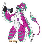  2022 3_fingers 4_ears abs absurd_res anthro athletic athletic_female avali avian biceps big_breasts black_claws black_sclera blue_eyes blush bodily_fluids breasts claws clenched_teeth dumbbell ear_piercing exercise exercise_equipment eye_scar facial_scar feather_hair feathers female fingers flaktaryd genitals green_body green_feathers hair hi_res huge_breasts japanese_text looking_at_viewer multi_ear muscular muscular_female nezami_iceblood nipple_piercing nipples non-mammal_breasts nude one_eye_closed piercing pink_body pink_feathers plumage ponytail pseudo_hair purple_blush purple_nipples pussy scar sharp_teeth solo sweat sweaty_abs sweaty_breasts sweaty_face sweaty_legs tall teal_eyes teeth text weightlifting weights white_body white_feathers winged_arms wings workout 
