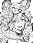  1girl berserker_(granblue_fantasy) breasts detached_collar djeeta_(granblue_fantasy) fangs granblue_fantasy greyscale highres hood hood_up long_hair looking_at_viewer monochrome monogrbl open_mouth pelt portrait small_breasts smile solo very_long_hair wolf_hat 