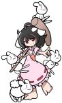  1girl :3 ahoge animal_ears barefoot black_hair carrot_necklace closed_mouth dress floppy_ears full_body inaba_mob_(touhou) inaba_tewi jewelry kine mallet necklace parody pink_dress puyopuyo rabbit rabbit_ears red_eyes ribbon-trimmed_dress shinmon_akika short_hair short_sleeves smile style_parody touhou 