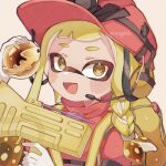  blonde_hair braid commentary_request golden_egg gun hat highres holding holding_gun holding_weapon inkling inkling_girl long_hair looking_at_viewer open_mouth salmon_run_(splatoon) sample_watermark side_braid splatoon_(series) splatoon_3 splattershot_jr_(splatoon) upper_body watermark weapon yellow_eyes yn_uo0 