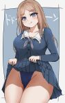  1girl :q absurdres ass_visible_through_thighs bang_dream! blue_eyes blue_one-piece_swimsuit blue_shirt blue_skirt blush border breast_pocket breasts brown_hair buttons cleavage closed_mouth clothes_lift collarbone commentary_request cowboy_shot grey_background grey_neckerchief groin hellz_(kari) highres lifted_by_self long_hair long_sleeves looking_at_viewer medium_breasts miniskirt nagasaki_soyo neckerchief one-piece_swimsuit outside_border parted_bangs pleated_skirt pocket sailor_collar school_uniform shirt sidelocks simple_background skirt skirt_lift smile solo standing swimsuit swimsuit_under_clothes thigh_gap tongue tongue_out translation_request tsukinomori_school_uniform white_border white_sailor_collar 