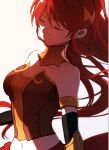  1girl armlet armor bare_shoulders black_gloves breasts circlet cleavage closed_eyes diadem elbow_gloves forehead_protector gloves gorget kuma_(bloodycolor) light_smile long_bangs long_hair medium_breasts navel ponytail pyrrha_nikos red_hair rwby shadow simple_background solo white_background 