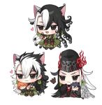  3boys ashiya_douman_(fate) ashiya_douman_(second_ascension)_(fate) ashiya_douman_(third_ascension)_(fate) asymmetrical_hair black_hair chibi clone curly_hair earrings fang fate/grand_order fate_(series) fujimaru_ritsuka_(female) fujimaru_ritsuka_(male) full_body hair_between_eyes heart jewelry long_hair looking_ahead magatama magatama_earrings male_focus merchandise multicolored_hair multiple_boys multiple_views seum_(kao_husband) skin_fang smile split-color_hair stuffed_toy two-tone_hair very_long_hair white_hair 