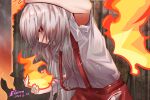  1girl commentary dated english_commentary fire fujiwara_no_mokou highres long_hair looking_at_viewer pants parted_lips pyrokinesis red_eyes red_pants shirt short_sleeves signature solo suspenders top-exerou touhou upper_body white_hair white_shirt 