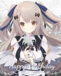  1girl artist_name assault_lily black_ribbon blue_ribbon brown_eyes buttons closed_mouth collared_shirt commentary_request cropped_jacket emblem flower gradient_background grey_background grey_hair hair_between_eyes hair_ornament hair_ribbon hands_up happy_birthday highres holding holding_flower hotaru_(ultraroly_poly) layered_sleeves light_blush light_smile lily_(flower) long_hair long_sleeves looking_at_viewer neck_ribbon ribbon shirt short_sleeves solo standing tada_shiera two_side_up underbust upper_body very_long_hair white_background white_flower white_shirt 