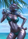  anthro beach bikini black_body black_fur breasts canid canine canis clothed clothing epic_games female flessia fortnite fur hi_res looking_at_viewer mammal open_mouth pack_leader_highwire seaside solo swimwear wolf 