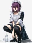  1girl apron black_choker black_footwear black_socks bottle chainsaw_man choker cigarette deyo_(nicijyou) green_eyes hair_between_eyes high_heels highres kneehighs looking_to_the_side maid maid_apron maid_headdress purple_hair reze_(chainsaw_man) short_hair simple_background smoking socks solo squatting water_bottle white_background 