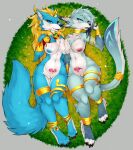  anthro big_tail blue_body blue_fur breasts canid canine canis duo eternity-zinogre female female/female fluffy fluffy_tail fur genitals hi_res jewelry leg_jewelry looking_at_viewer mammal necklace nipples nude pussy tail wolf womb_tattoo 
