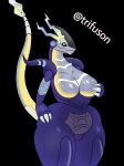  anthro big_breasts black_background black_sclera blue_body breasts featureless_breasts featureless_crotch female future_pokemon generation_9_pokemon green_eyes hand_on_breast hand_on_hip hi_res huge_breasts legendary_pokemon miraidon nintendo paradox_pokemon pokemon pokemon_(species) purple_body simple_background solo thick_thighs trifuson wide_hips yellow_body 