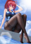  1girl blue_one-piece_swimsuit blush breasts covered_navel day dorachan_r from_below hair_between_eyes hair_ornament hair_ribbon highres i-168_(kancolle) kantai_collection long_hair looking_at_viewer looking_down medium_breasts one-piece_swimsuit outdoors pantyhose pantyhose_under_swimsuit ponytail pool red_eyes red_hair ribbon school_swimsuit school_uniform smile solo sun swimsuit tights_day water 