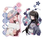  2girls :3 black_hair black_hairband black_shirt blue_eyes blue_headwear blue_kimono chinese_commentary closed_mouth commentary_request cross-laced_hairband eyelashes floral_print flower frilled_hairband frilled_shirt_collar frills hair_ribbon hairband hakama hakama_skirt hat hat_flower high-waist_skirt japanese_clothes kimono km2o4 lace-trimmed_headwear lace_trim light_frown lolita_hairband long_hair looking_ahead medium_hair multiple_girls original pink_eyes pink_flower pink_hair pink_rose red_hakama red_skirt ribbon rose sash shirt simple_background skirt smile straight_hair turtleneck upper_body very_long_hair white_background white_flower white_kimono white_ribbon white_rose white_sash 