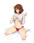  1girl barefoot bed_sheet breasts brown_hair closed_mouth clothes_lift fingernails hair_between_eyes hand_up hibike!_euphonium highres lifted_by_self light_blush looking_away medium_hair nail_polish navel no_bra oumae_kumiko panties pink_nails raised_eyebrow red_panties sbel02 shirt shirt_lift short_sleeves simple_background sitting small_breasts smile solo stomach underboob underwear v wariza white_background white_shirt yellow_eyes 