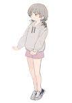  1girl alternate_costume alternate_eye_color animal_on_shoulder asasow brown_hair closed_mouth commentary_request full_body grey_hoodie hatoba_tsugu hood hood_down hoodie long_sleeves looking_ahead medium_hair mole mole_under_eye opossum outstretched_arms pink_shorts short_shorts shorts simple_background smile solo standing tiptoes tsugu_(vtuber) virtual_youtuber white_background yellow_eyes 