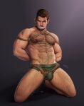  1boy absurdres arms_behind_back bara black_hair bound bound_arms bulge chest_hair chris_redfield facial_hair gabo_art gagged green_male_underwear highres kneeling large_pectorals leg_hair male_focus male_underwear muscular muscular_male navel nipples pectorals resident_evil resident_evil_village rope short_hair solo torn_clothes torn_underwear underwear 