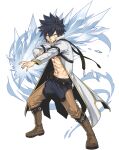  abs belt black_hair blue_pants boots brown_belt brown_footwear brown_pants crossover fairy_tail full_body gate_of_nightmares gray_fullbuster highres ice jacket looking_at_viewer magic mashima_hiro official_art open_clothes open_jacket pants short_hair solo spiked_hair transparent_background white_jacket 