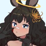  1girl animal_ears bandaid bandaid_on_face black_gloves black_hair blood blue_eyes breasts choker flower gloves hair_flower hair_ornament halo large_breasts leo/need_(project_sekai) non-web_source open_mouth original picrew rabbit_ears yellow_halo 