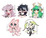  5girls animal_ears antennae antlers arthropod_girl black_eyes black_hair blue_eyes character_name chibi green_eyes green_hair grey_eyes grey_hair hair_between_eyes hair_over_one_eye haruka_karibu heterochromia highres indie_virtual_youtuber juniper_actias kuroh leotard long_hair looking_at_viewer moth_girl multiple_girls open_mouth pink_eyes pink_hair simple_background smile tail teeth virtual_youtuber vshojo vyugen white_background white_hair yoclesh yuniiho_(vtuber) 