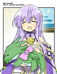  1girl circlet closed_eyes dress fire_emblem fire_emblem:_genealogy_of_the_holy_war holding holding_stuffed_toy julia_(fire_emblem) long_hair open_mouth purple_hair solo stuffed_animal stuffed_toy window yukia_(firstaid0) 