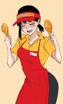  1girl apron black_hair black_pants breaking_bad chainsaw_man chicken_(food) closed_eyes collared_shirt crying employee_uniform fast_food fast_food_uniform food fried_chicken hair_ornament hairclip higashiyama_kobeni highres holding holding_food kimleon los_pollos_hermanos medium_hair mole mole_on_cheek open_mouth pants ponytail red_apron red_headwear shirt solo sweat uniform yellow_shirt 