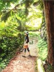  1girl fern forest hat log nature original path pebble plant scenery shadow solo sunlight tree yk_funa 