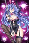  ;o adapted_costume animal_ear_headwear animal_ears arm_up bare_shoulders black_gloves black_leotard blue_hair breasts cleavage detached_collar diamond_cutout elbow_gloves garter_straps gloves hair_between_eyes hand_up highres hip_focus holding holding_pole iris_heart kami_jigen_game_neptune_v large_breasts leg_up leotard lewdkuma long_hair looking_at_viewer neptune_(series) one_eye_closed pink_eyes pole pole_dancing power_symbol purple_hair rabbit_ears rabbit_tail single_glove stripper_pole symbol-shaped_pupils tail thighhighs very_long_hair wrist_cuffs 