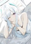  1girl arm_up bare_arms bare_shoulders blue_archive blush closed_mouth dress grey_hair hand_up highres long_hair looking_at_viewer lying noa_(blue_archive) on_side one_eye_closed pillow purple_eyes solo strap_slip syhan under_covers white_dress 