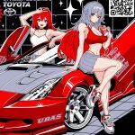  2girls air_max air_max_90 alex_rsr armpits black_choker black_nails breasts can car choker coca-cola collarbone grey_hair holding holding_can looking_at_viewer medium_breasts motor_vehicle multicolored_hair multiple_girls nike open_mouth original pleated_skirt qr_code red_eyes red_hair red_sports_bra scissor_doors skirt smile sparkle sports_bra sports_car toned toyota toyota_celica toyota_celica_t230 two-tone_hair v vehicle_focus 