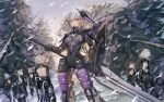  absurdres bare_back breasts fake_horns grey_hair hair_ornament headgear highres holding holding_polearm holding_weapon horns joints mechanical_parts medium_hair multiple_girls open_mouth polearm punishing:_gray_raven robot_joints rosetta_(punishing:_gray_raven) shield small_breasts snowing taozitaotao tree weapon winter x_hair_ornament yellow_eyes 