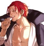  1boy adam&#039;s_apple bare_pectorals beard_stubble black_coat closed_eyes coat collarbone cup drinking high_collar highres holding holding_cup male_focus mature_male mirin_(coene65) no_nipples one_piece open_clothes open_shirt pectorals portgas_d._ace red_hair scar scar_across_eye shirt signature simple_background solo teeth upper_body white_background white_shirt 