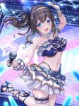  1girl ankle_strap arm_up armpits bare_shoulders black_hair blue_eyes blue_ribbon blush breasts collarbone crop_top glowstick green_nails hair_between_eyes hair_ornament hairband high_heels highres holding holding_microphone idolmaster idolmaster_cinderella_girls idolmaster_cinderella_girls_starlight_stage jewelry large_breasts layered_skirt long_hair looking_away microphone midriff multiple_bracelets multiple_necklaces navel open_mouth ribbon sagisawa_fumika screen skirt smile solo stage stage_lights standing standing_on_one_leg star_(symbol) star_hair_ornament thigh_strap tuna_picture white_wristband 