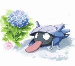  black_eyes blue_flower dew_drop flower highres matra_usagi no_humans pokemon pokemon_(creature) shellder tongue tongue_out water_drop 
