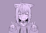  1girl :3 absurdres animal_ear_fluff animal_ears belt_collar blush breasts cat_ears cat_girl closed_eyes collar cum cum_on_body cum_on_hair cumdrip double_v facial highres hololive hood hoodie large_breasts medium_hair nekomata_okayu nekomata_okayu_(1st_costume) senaka_(kamemusikiller0723) smile solo v virtual_youtuber 