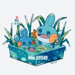  afloat artist_name color_guide commentary_request faux_figurine flower in_water lily_pad looking_at_viewer mudkip no_humans open_mouth partially_submerged plant pokedex_number pokemon pokemon_(creature) shino_(shinoru_p) simple_background water water_lily_flower white_background 