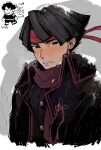  1boy ace_attorney black_coat black_eyes black_hair black_jacket coat headband jacket kazuma_asogi looking_at_viewer male_focus open_mouth red_headband red_scarf scarf short_hair snow solo the_great_ace_attorney upper_body wahootarou 