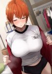  1girl akito_(d30n26) black_buruma breasts brown_eyes buruma gym_shirt gym_uniform highres jacket large_breasts nagi_(akito) open_clothes open_jacket orange_hair original shirt short_hair solo 