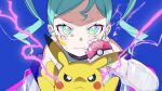  1girl :t aqua_hair bandaid bandaid_on_face blue_background hatsune_miku heart heart_in_eye lightning_bolt-shaped_pupils official_art pikachu poke_ball pokemon pokemon_(creature) project_voltage symbol-shaped_pupils symbol_in_eye vocaloid 