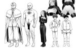  1girl 3boys :d bald bar_censor bob_cut breasts cape censored chest_hair completely_nude flaccid fumitan_(humitan) gloves greyscale hair_ornament hair_over_eyes hair_over_one_eye hairclip hand_on_own_hip highres looking_at_viewer monochrome multiple_boys navel nipples nude nun original penis pussy simple_background smile thighhighs white_background 