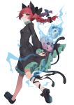  1girl :q absurdres animal_ears black_bow black_dress black_footwear bow braid cat_ears dress full_body hair_bow highres kaenbyou_rin long_hair long_sleeves looking_at_viewer red_eyes red_hair shoes simple_background skull solo tongue tongue_out touhou tsune_(tune) twin_braids walking white_background 