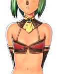  1girl animal_nose arms_behind_back bare_shoulders breasts cleavage final_fantasy final_fantasy_xi green_hair head_out_of_frame mithra_(ff11) navel parted_lips pink_lips short_hair simple_background small_breasts solo straight-on taisai_soft white_background 