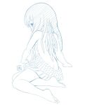  1girl ass bare_shoulders barefoot butt_crack long_hair looking_at_viewer mawaru_(mawaru) meme_attire monochrome original rikorisu_(mawaru) simple_background soles solo sweater toes virgin_killer_sweater white_background white_sweater 