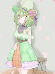  1girl alternate_costume arms_behind_back breasts cherry_blossoms closed_mouth commentary_request dress green_dress green_eyes green_headwear grey_background hat looking_at_viewer nek0rin_parme peaked_cap soga_no_tojiko solo stool touhou 