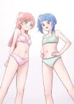 2girls :d bare_arms bare_shoulders blue_eyes blue_hair bow bow_bra bow_panties bra breasts closed_mouth commentary_request futari_wa_precure gradient_background green_bra green_eyes green_panties hair_bow hair_bun hands_on_hips highres hirogaru_sky!_precure long_hair multiple_girls navel nijigaoka_mashiro ogry_ching one_side_up panties pink_background pink_bra pink_panties precure red_hair small_breasts smile sora_harewataru standing training_bra underwear underwear_only white_background white_bow yellow_bow 